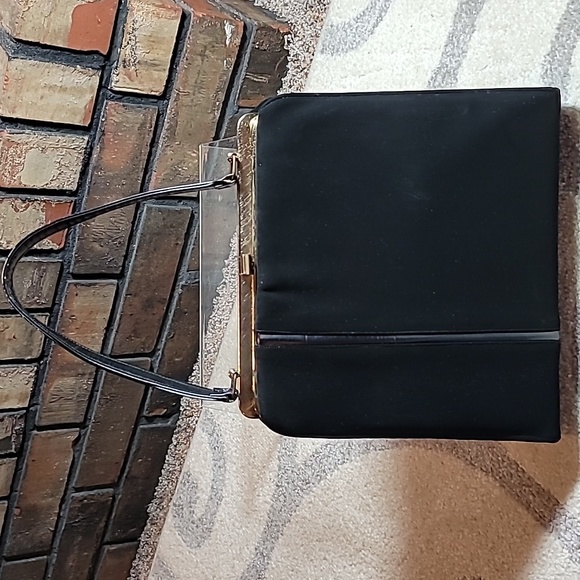 Handbag vintage black fabric red vinyl inside clasp closure hinge opening - Picture 13 of 13